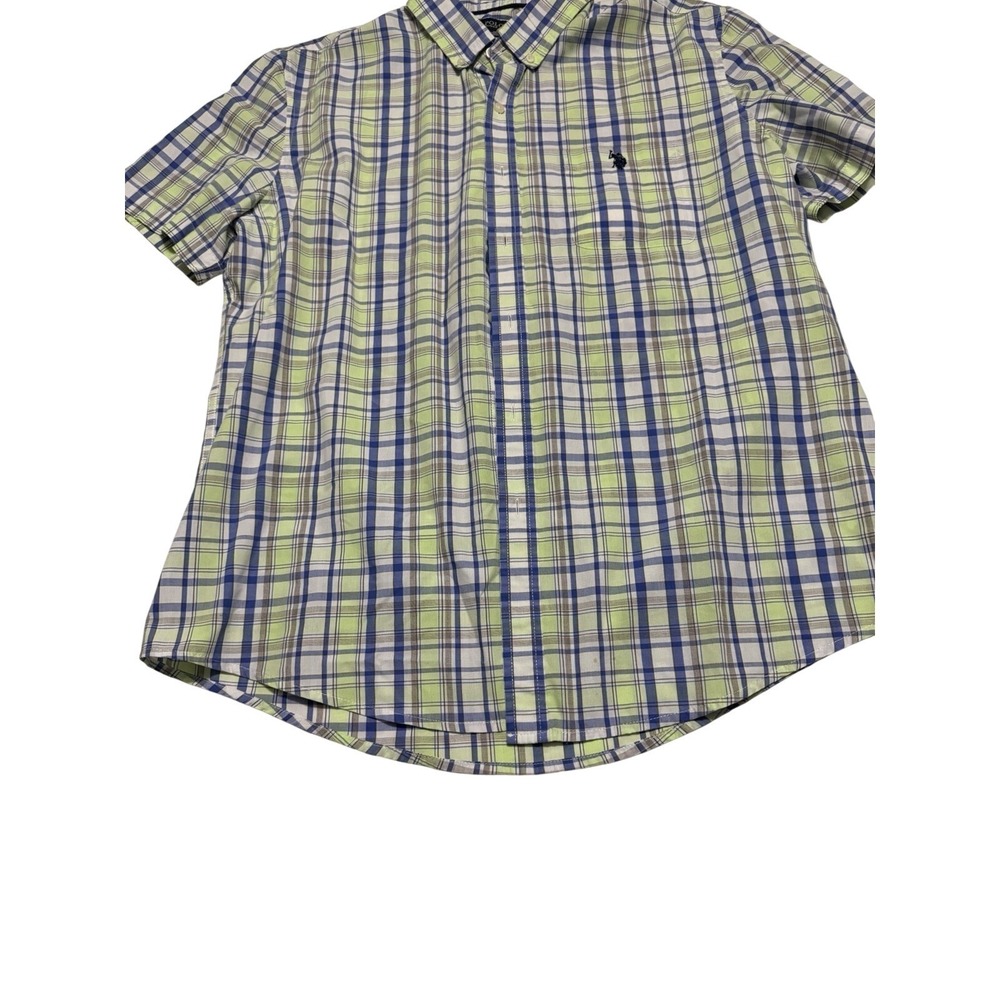 US Polo Assn Mens XL Plaid Short Sleeve Button Down Shirt Lime Green Blue White